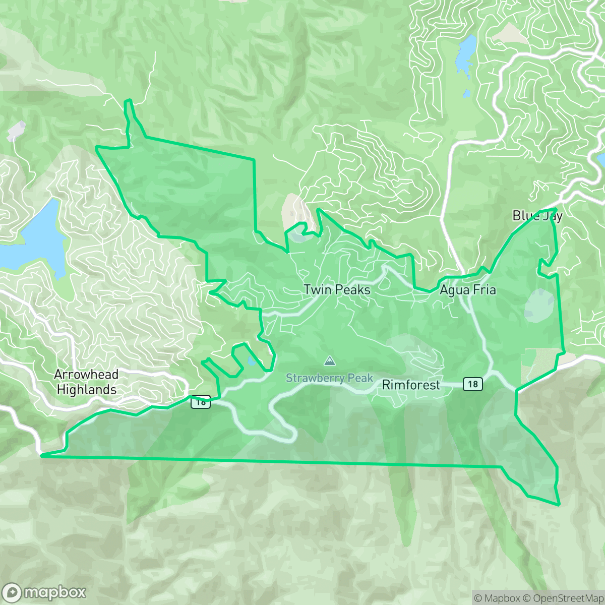 Map showing the location of Twin Peaks, Lake Arrowhead, CA