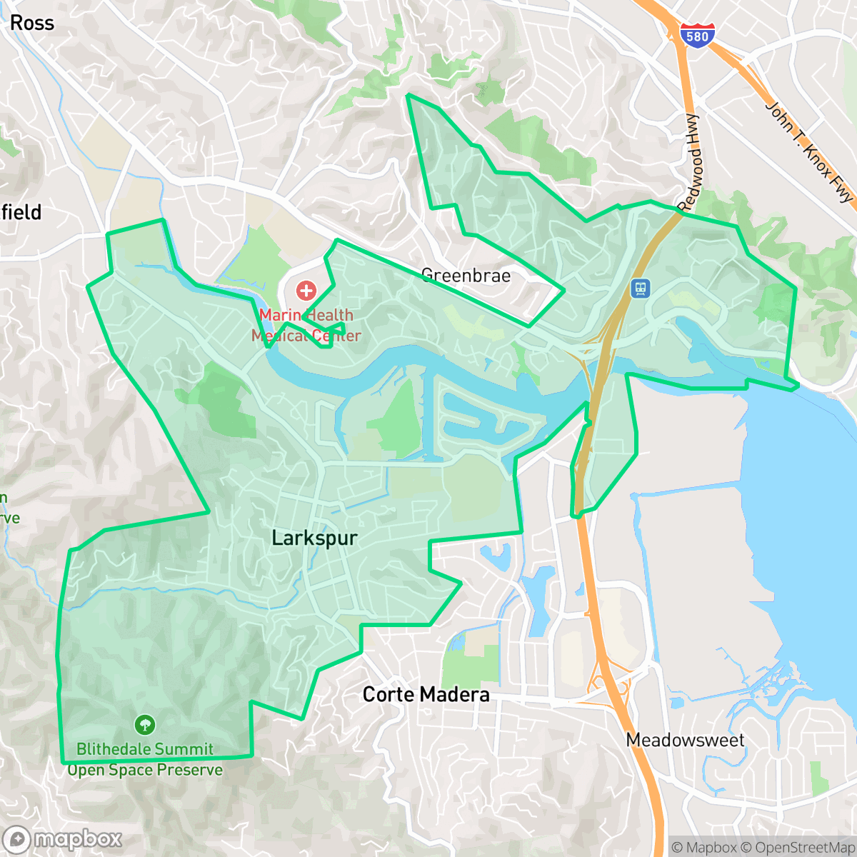 Map showing the location of Larkspur, CA — coverage area