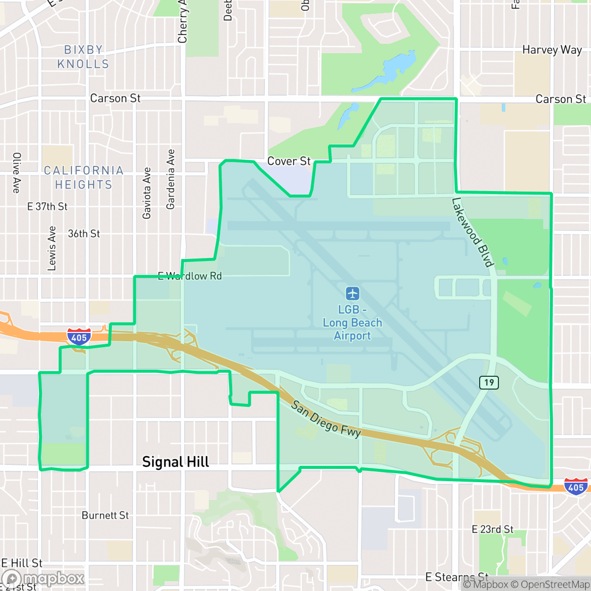 Map showing the location of Airport Area, Long Beach, CA