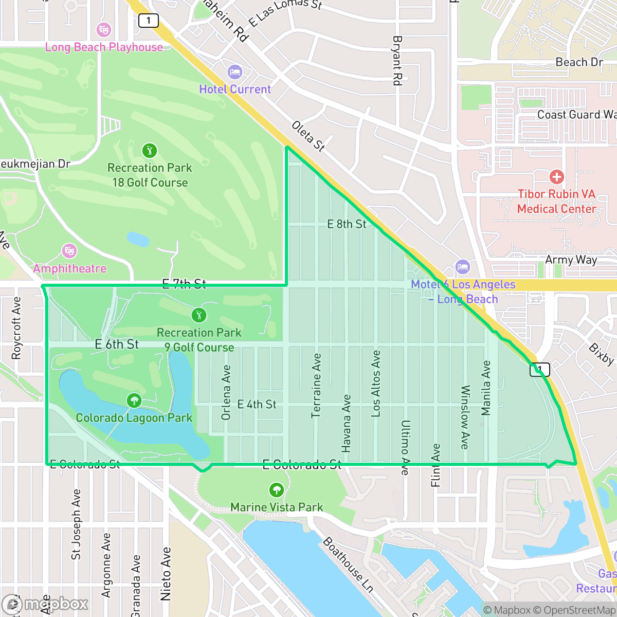 Map showing the location of Alamitos Heights, Long Beach, CA