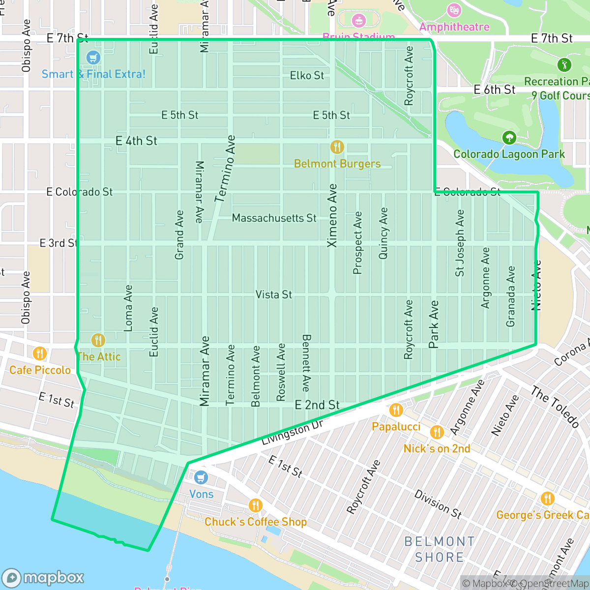 Map showing the location of Belmont Heights, Long Beach, CA