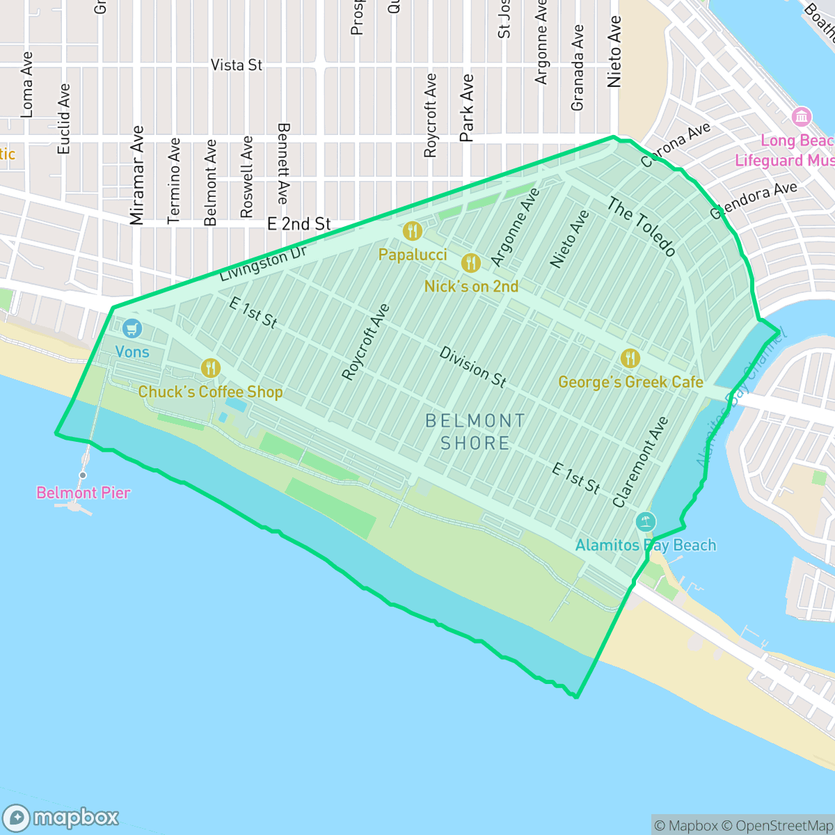 Map showing the location of Belmont Shore, Long Beach, CA
