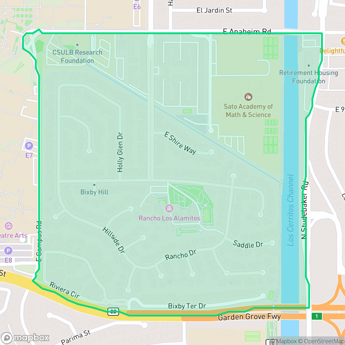 Map showing the location of Bixby Hill, Long Beach, CA