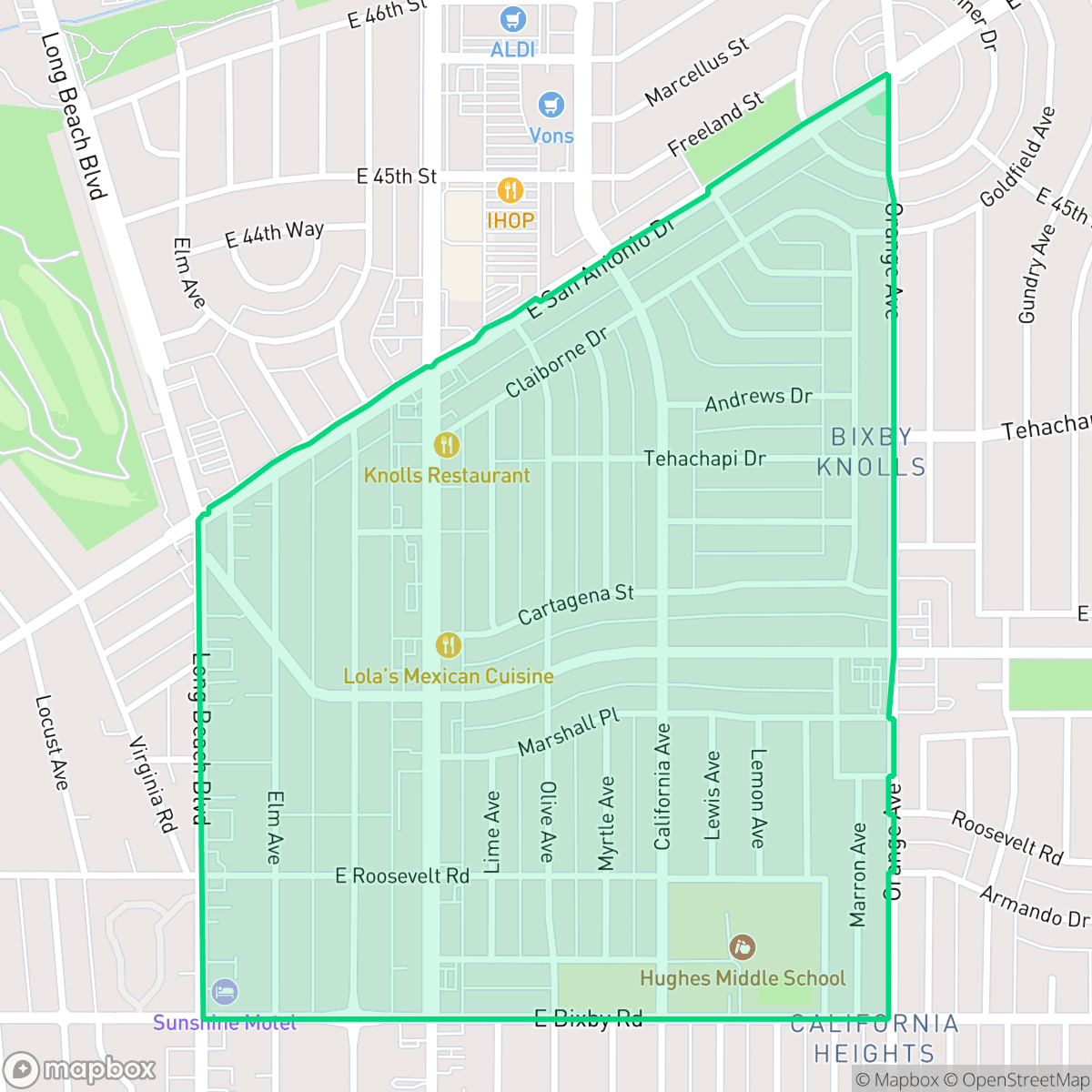 Map showing the location of Bixby Knolls, Long Beach, CA