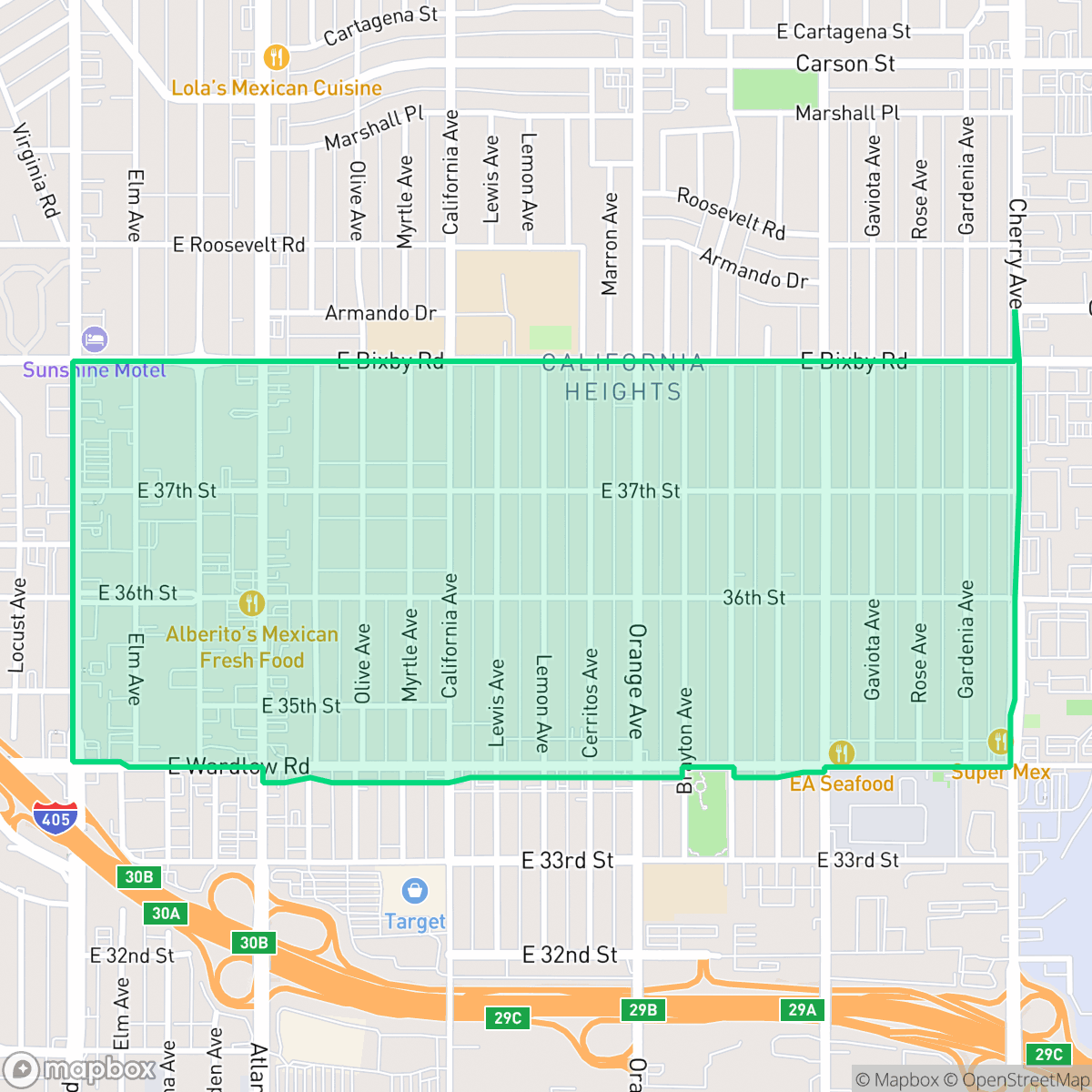 Map showing the location of California Heights, Long Beach, CA