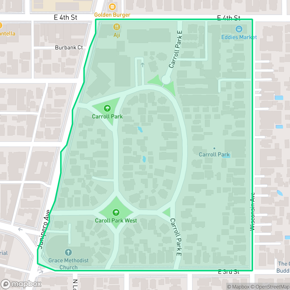 Map showing the location of Carroll Park, Long Beach, CA