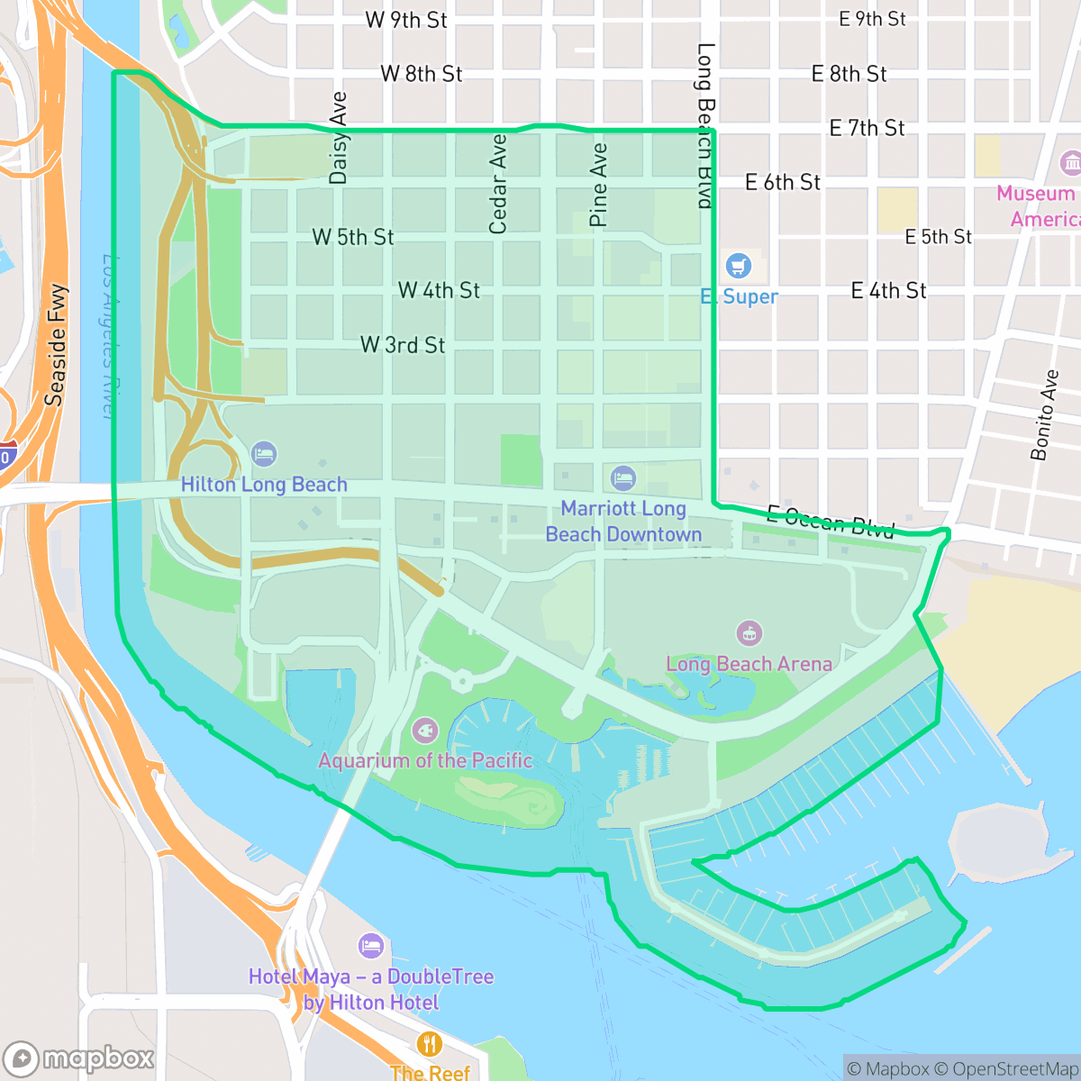 Map showing the location of Downtown, Long Beach, CA