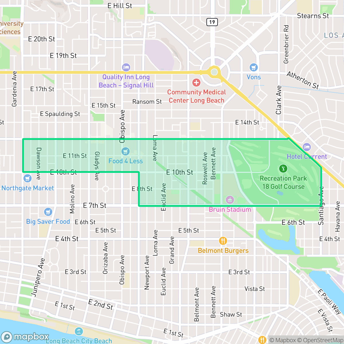Map showing the location of East Side, Long Beach, CA