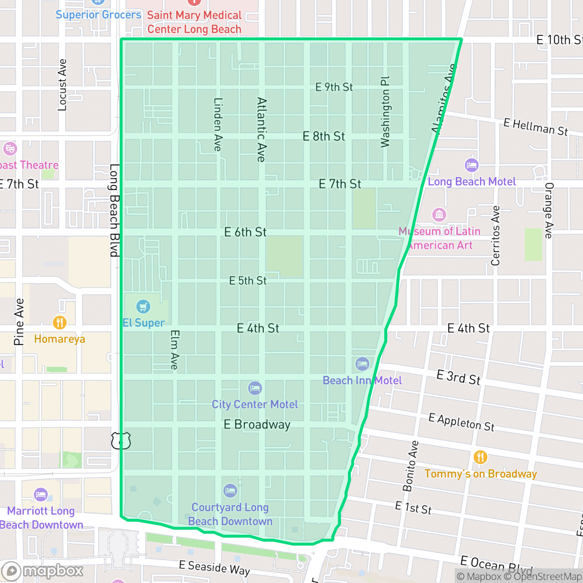 Map showing the location of East Village, Long Beach, CA
