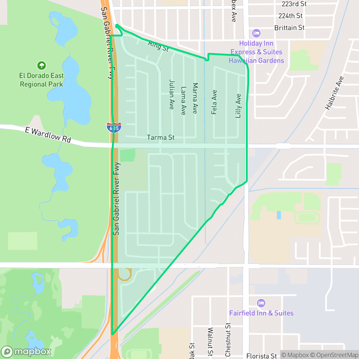Map showing the location of El Dorado Park Estates, Long Beach, CA