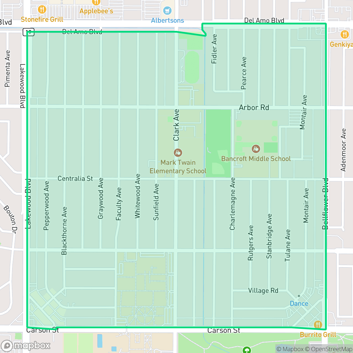 Map showing the location of Lakewood Village, Long Beach, CA