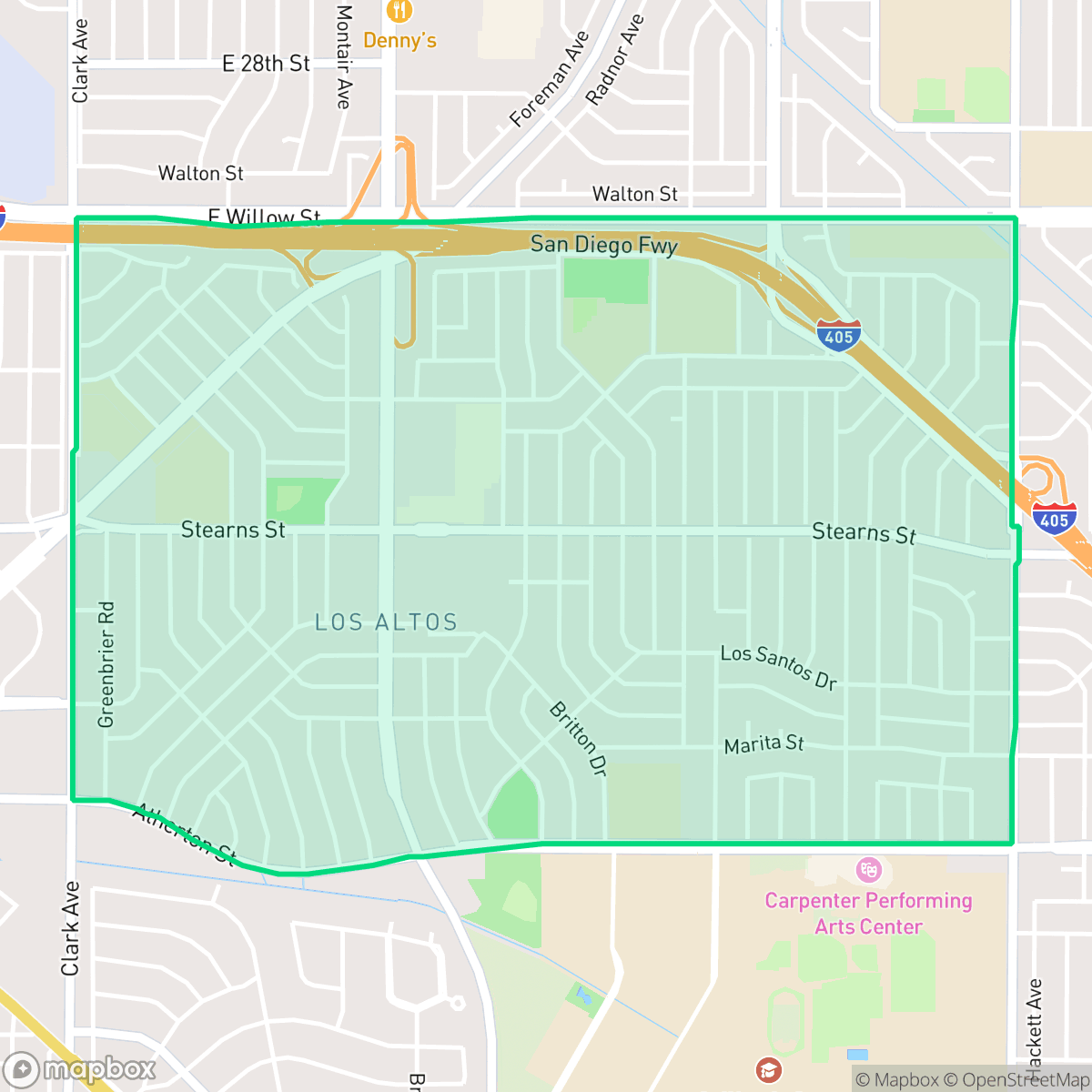 Map showing the location of Los Altos, Long Beach, CA