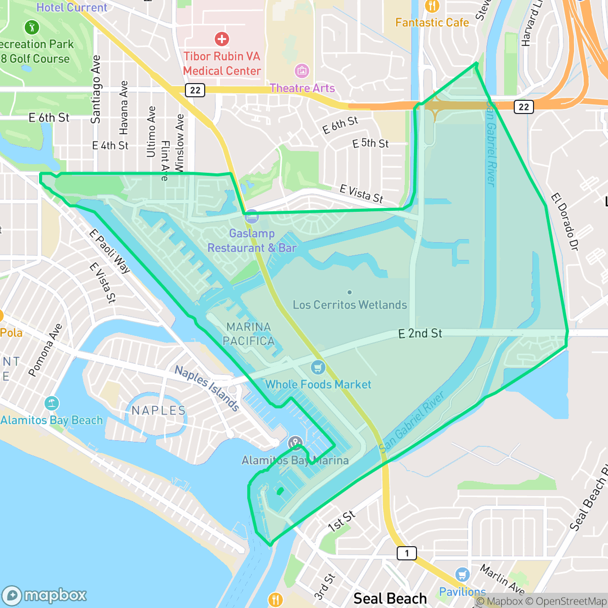 Map showing the location of Marina Area, Long Beach, CA