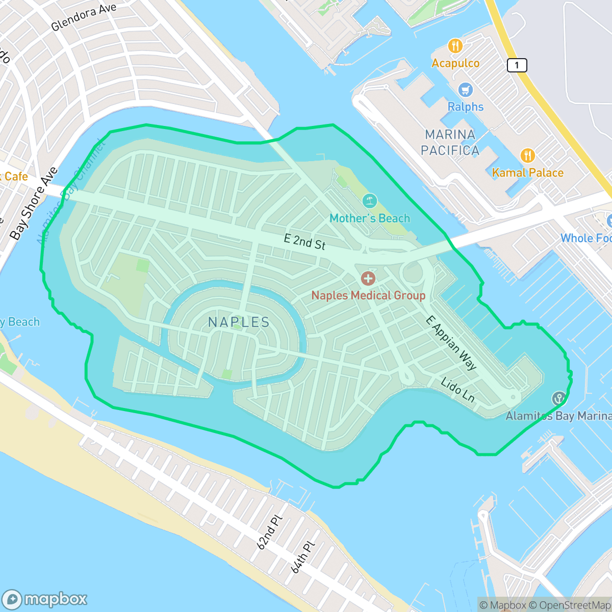 Map showing the location of Naples, Long Beach, CA