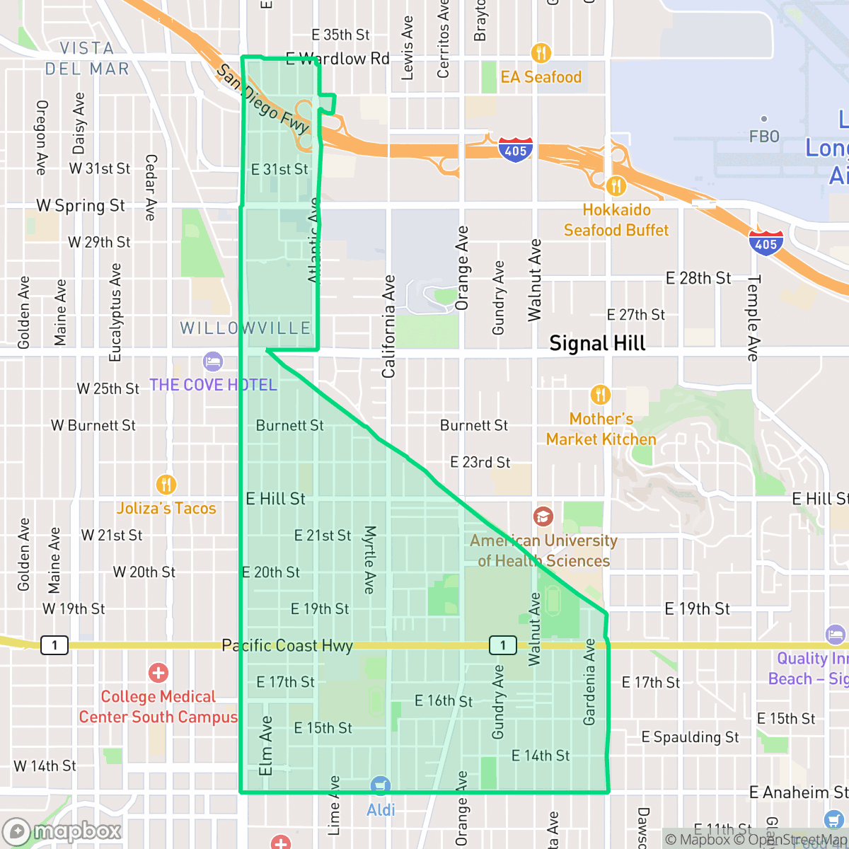 Map showing the location of Poly High District, Long Beach, CA