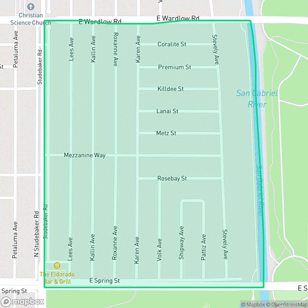 Map showing the location of Rancho Estates, Long Beach, CA