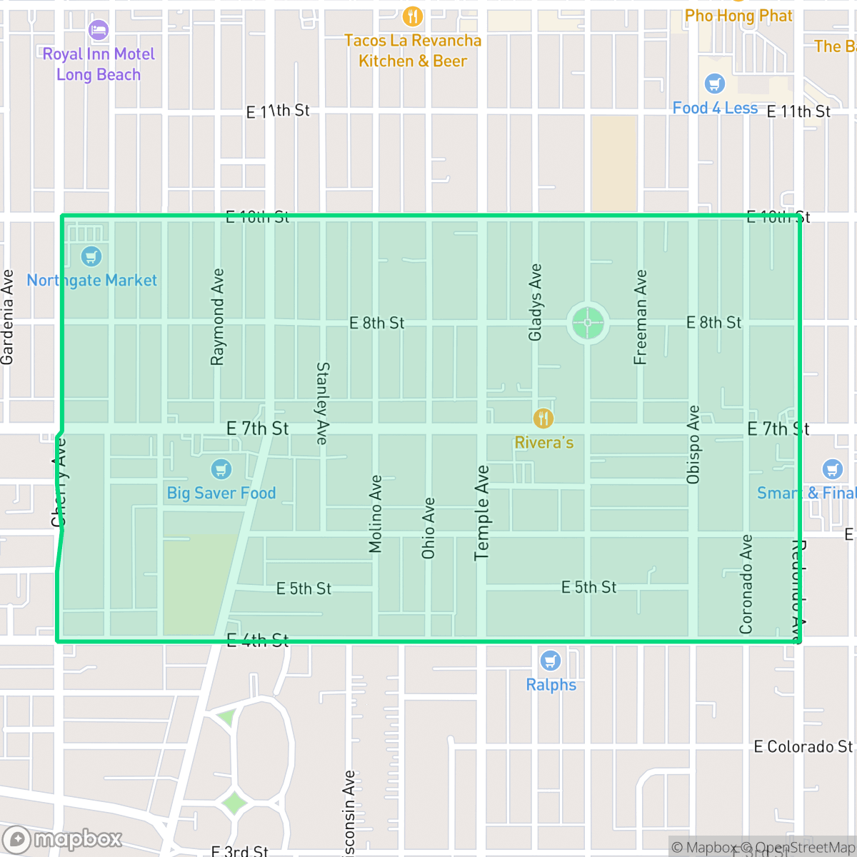 Map showing the location of Rose Park, Long Beach, CA
