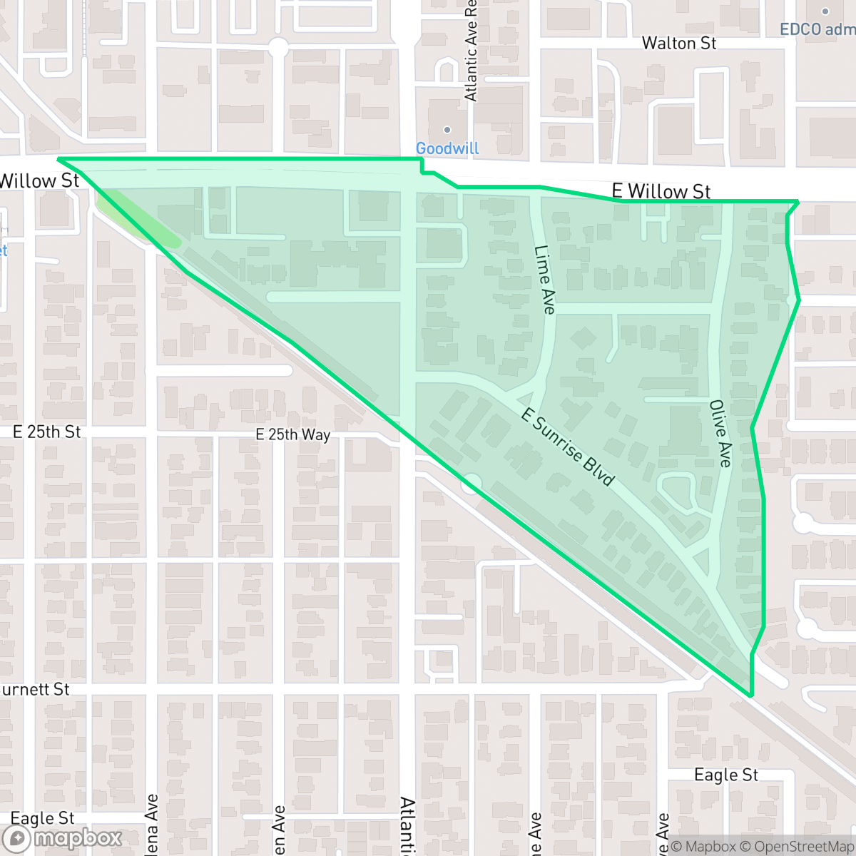 Map showing the location of Sunrise, Long Beach, CA