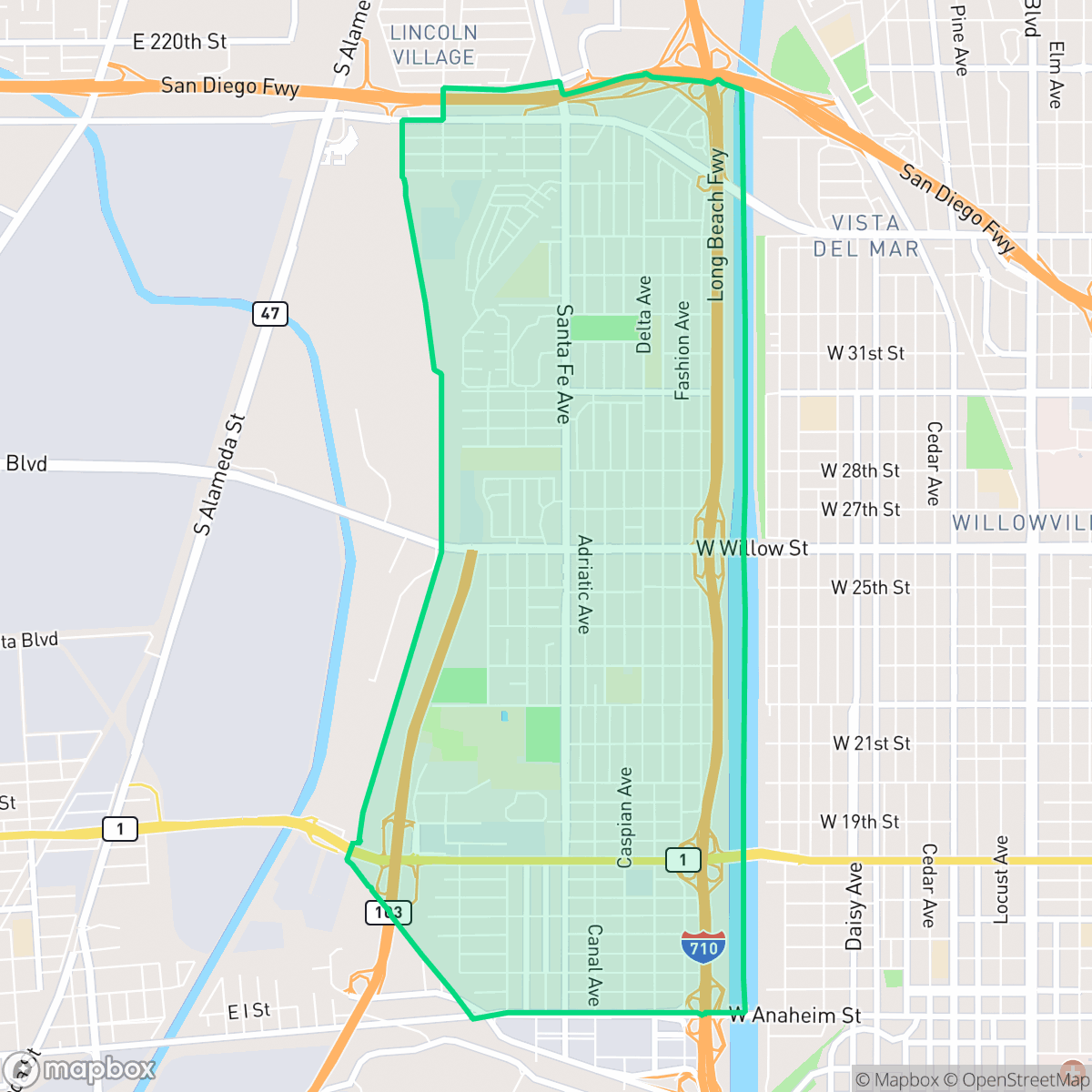 Map showing the location of West Side, Long Beach, CA