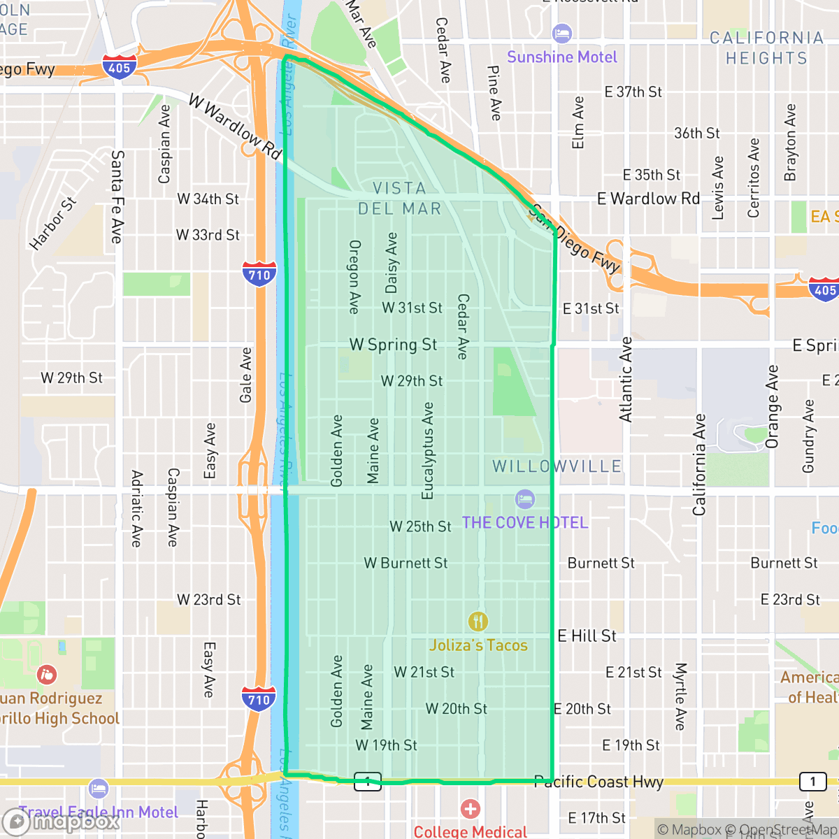 Map showing the location of Wrigley, Long Beach, CA