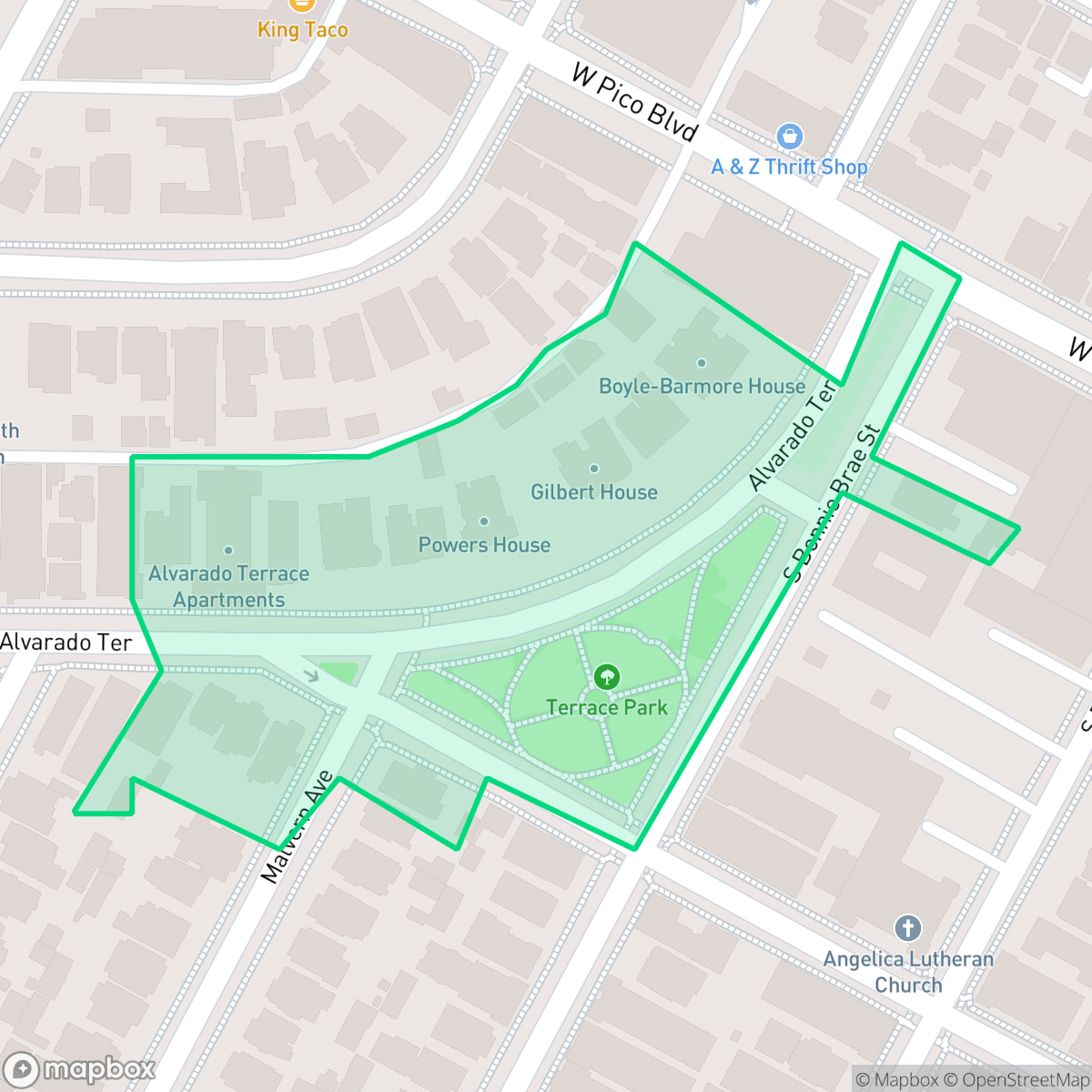 Map showing the location of Alvarado Terrace Historic District, Los Angeles, CA
