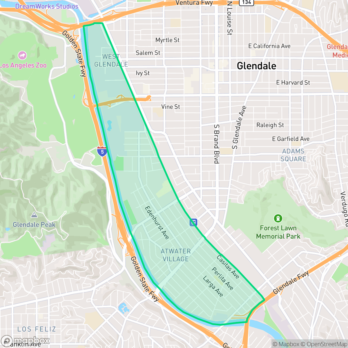 Map showing the location of Atwater Village, Los Angeles, CA