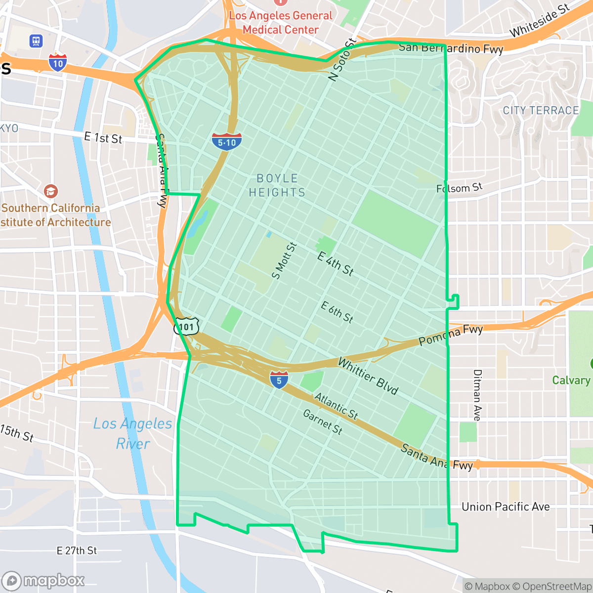 Map showing the location of Boyle Heights, Los Angeles, CA