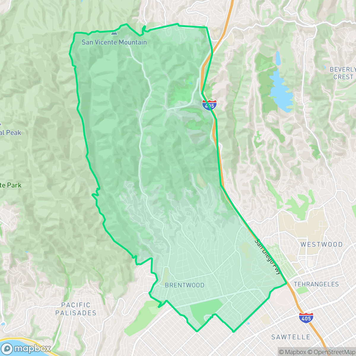 Map showing the location of Brentwood, Los Angeles, CA