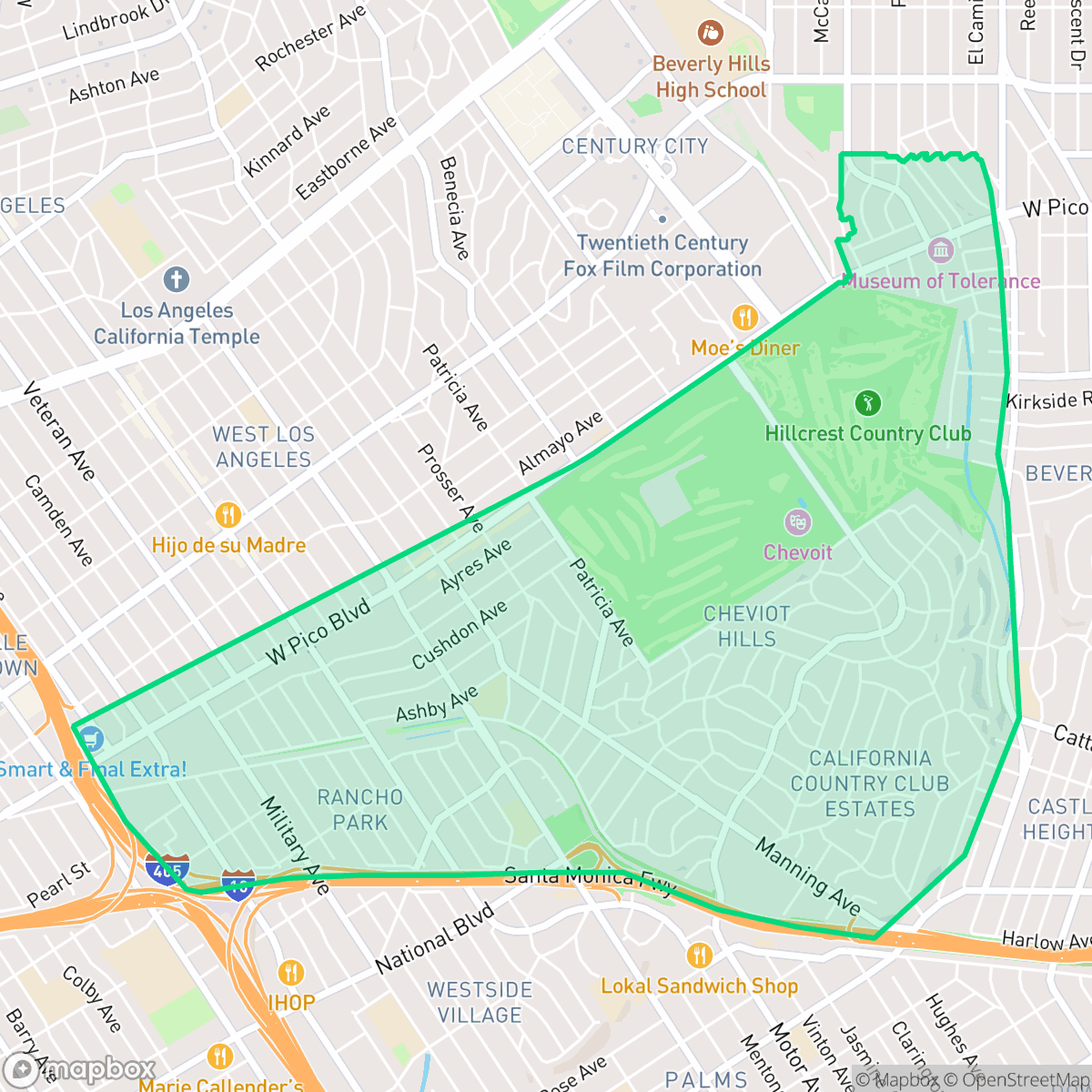 Map showing the location of Cheviot Hills, Los Angeles, CA