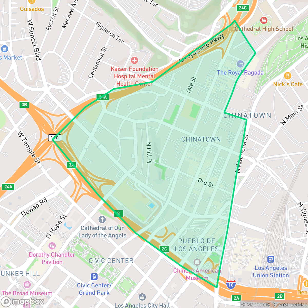 Map showing the location of Chinatown, Los Angeles, CA