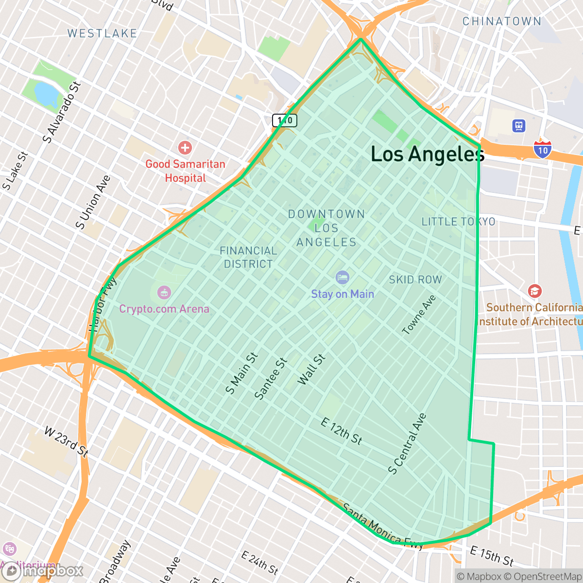Map showing the location of Downtown, Los Angeles, CA