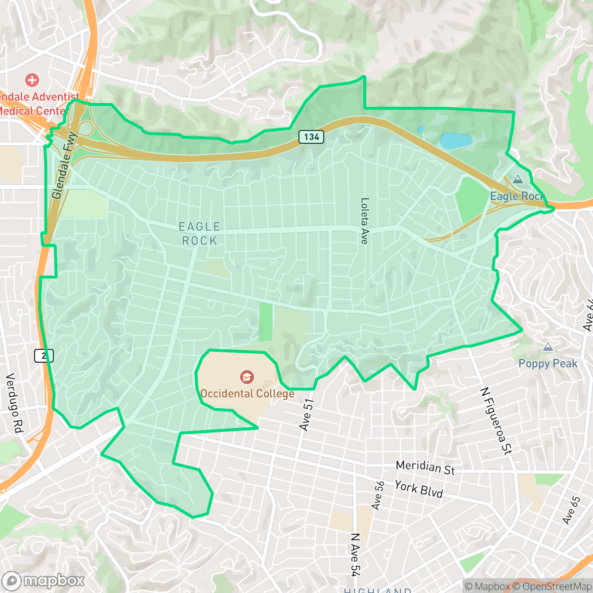 Map showing the location of Eagle Rock, Los Angeles, CA