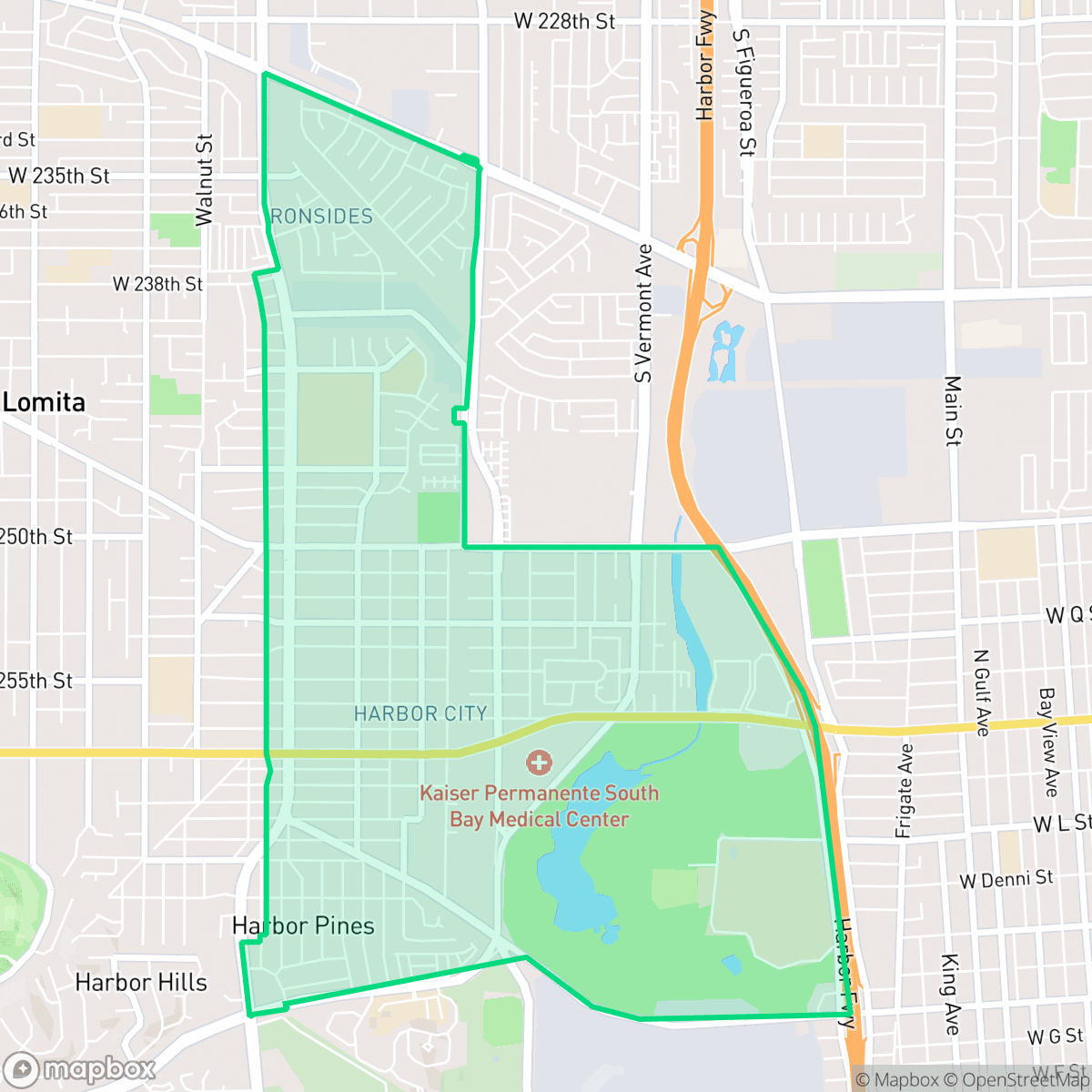 Map showing the location of Harbor City, Los Angeles, CA