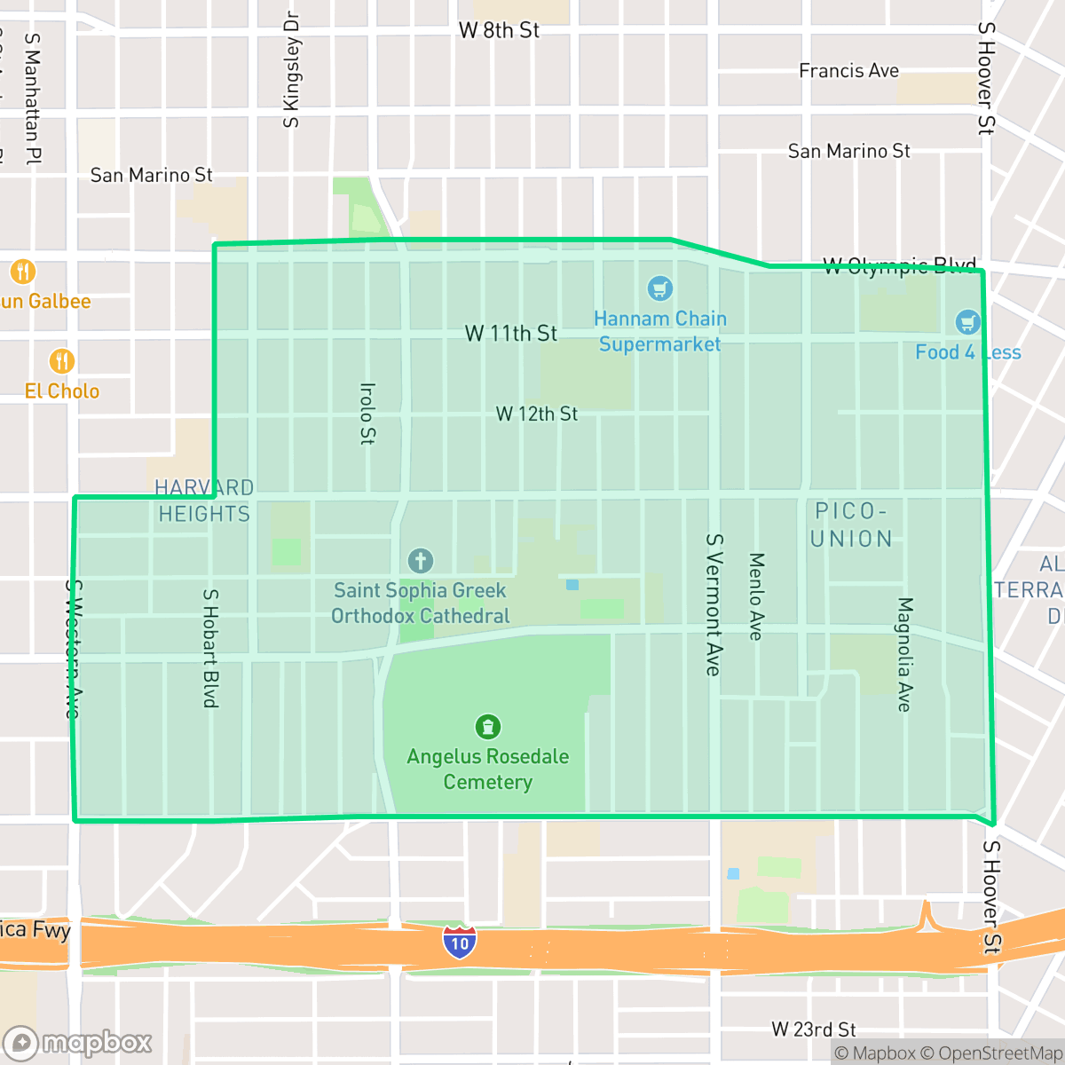 Map showing the location of Harvard Heights, Los Angeles, CA