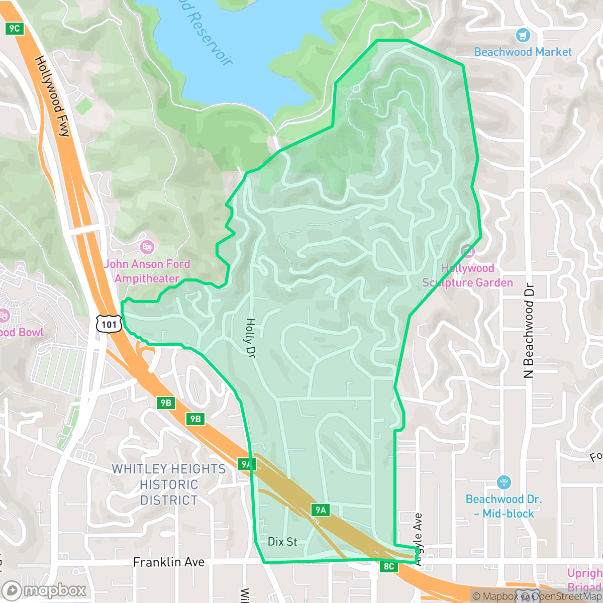 Map showing the location of Hollywood Dell, Los Angeles, CA