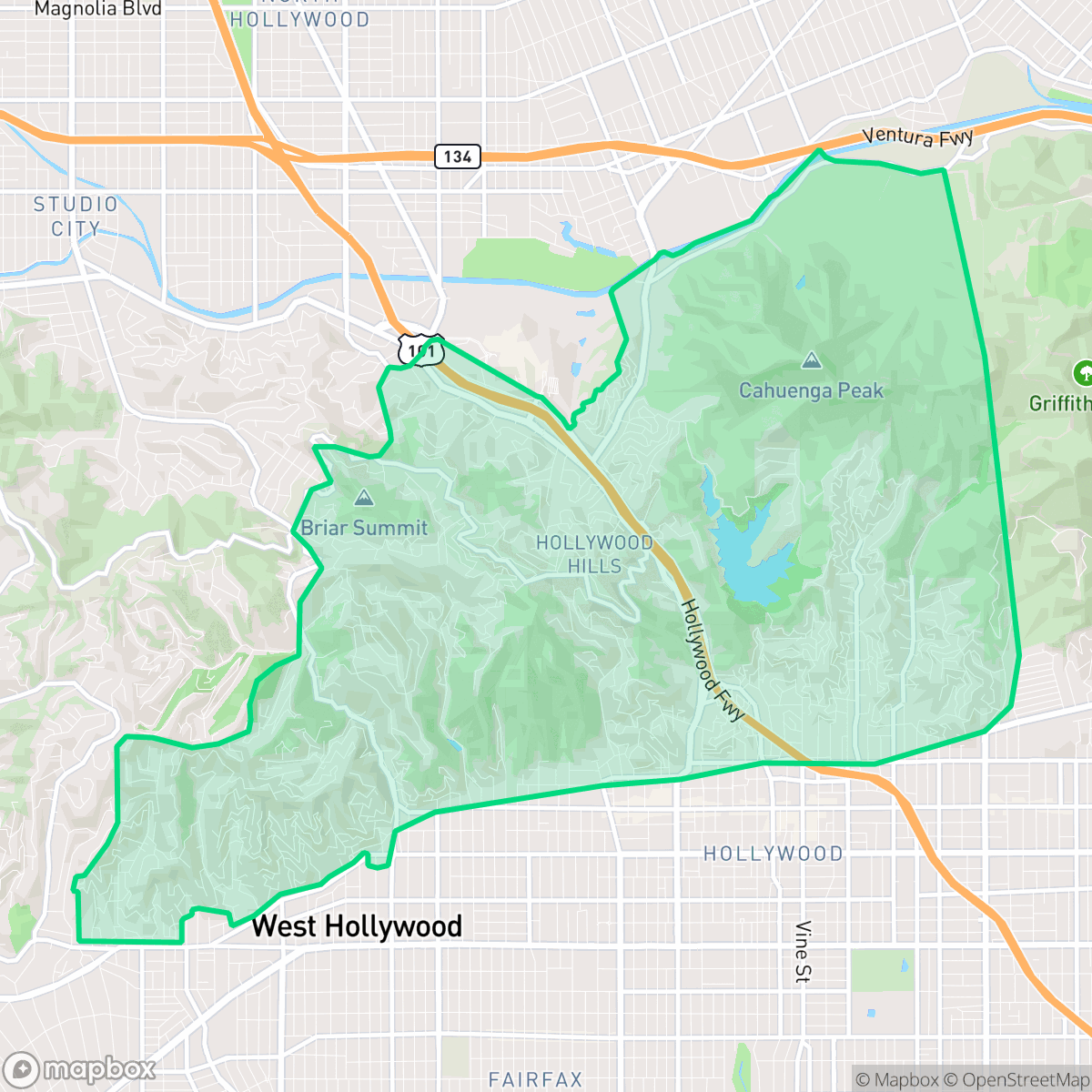 Map showing the location of Hollywood Hills, Los Angeles, CA