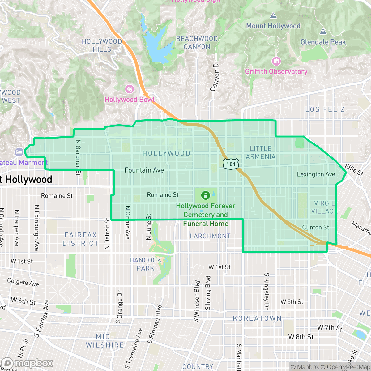 Map showing the location of Hollywood, Los Angeles, CA
