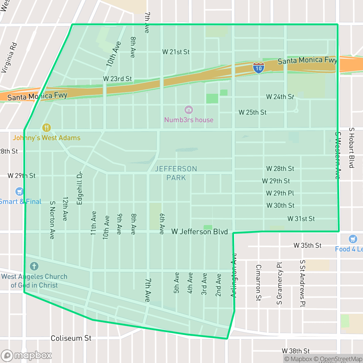 Map showing the location of Jefferson Park, Los Angeles, CA