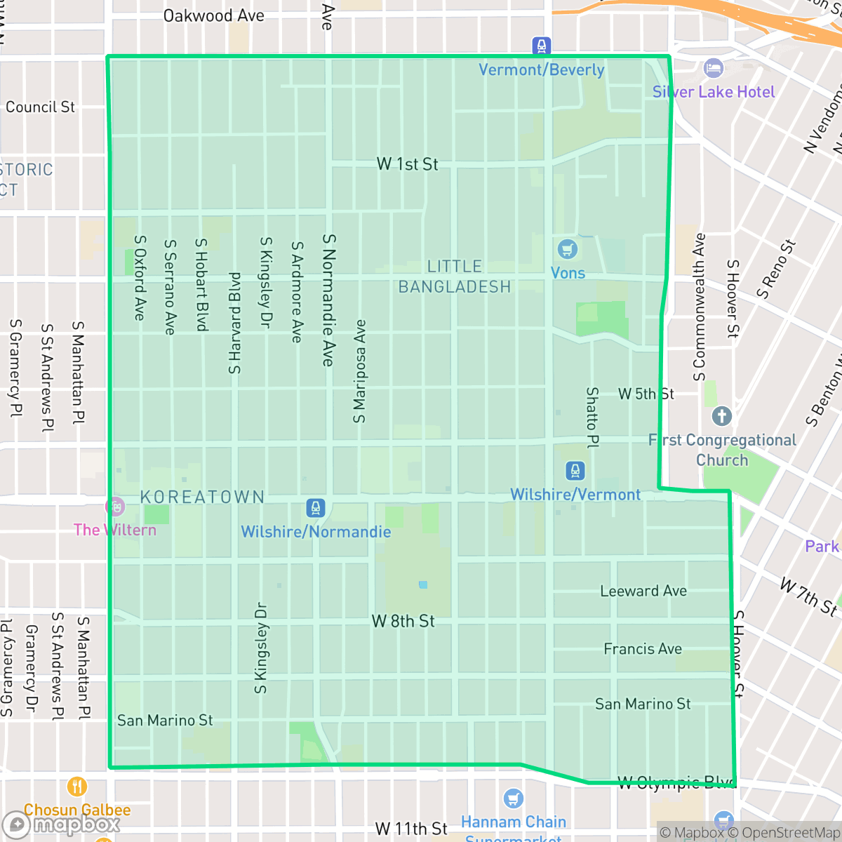 Map showing the location of Koreatown, Los Angeles, CA
