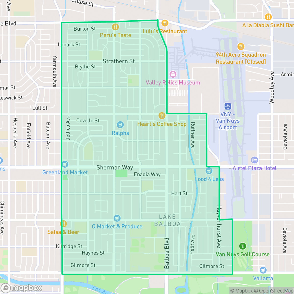 Map showing the location of Lake Balboa, Los Angeles, CA