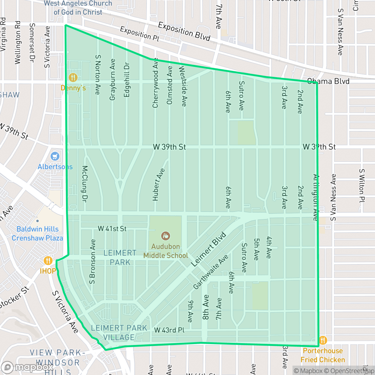 Map showing the location of Leimert Park, Los Angeles, CA
