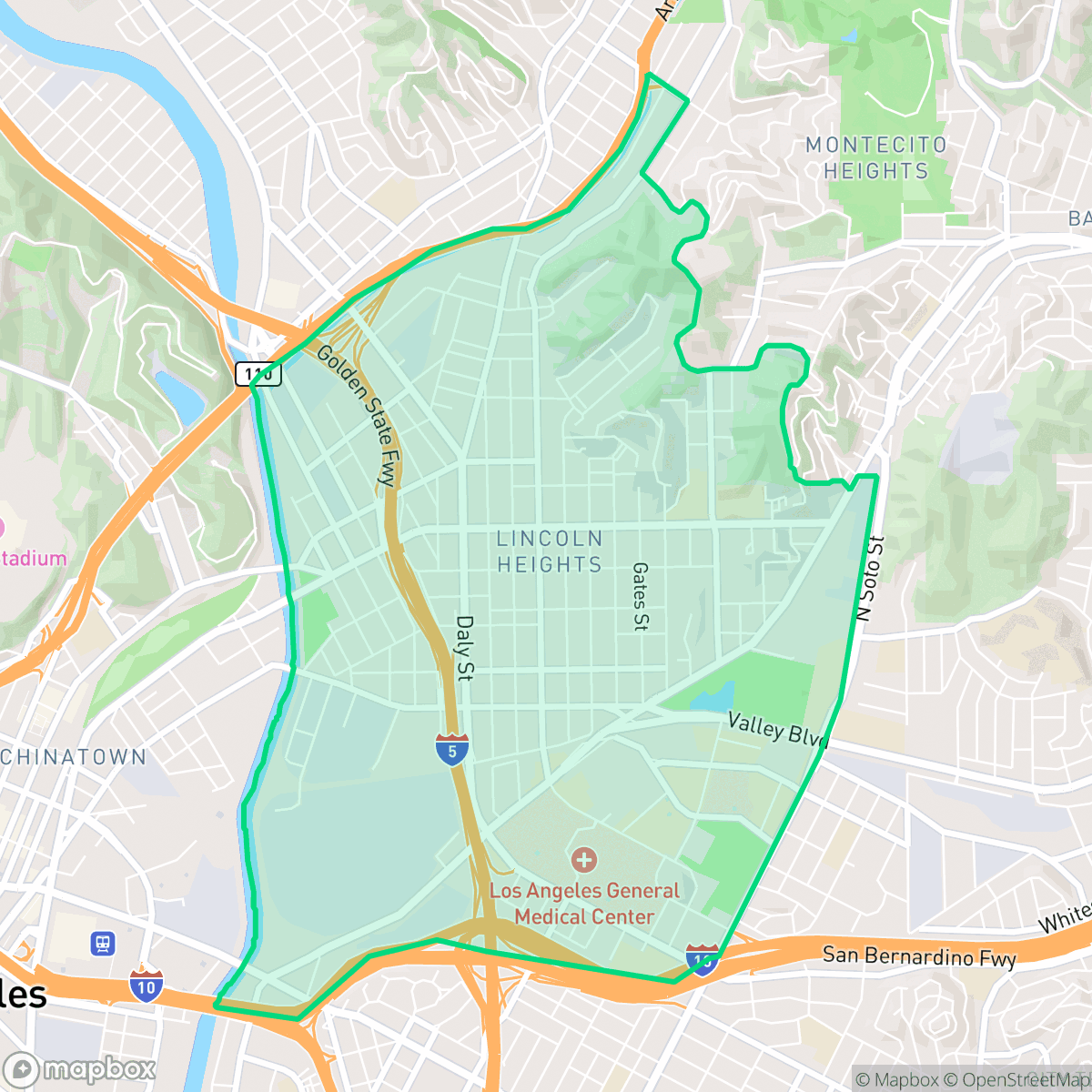 Map showing the location of Lincoln Heights, Los Angeles, CA