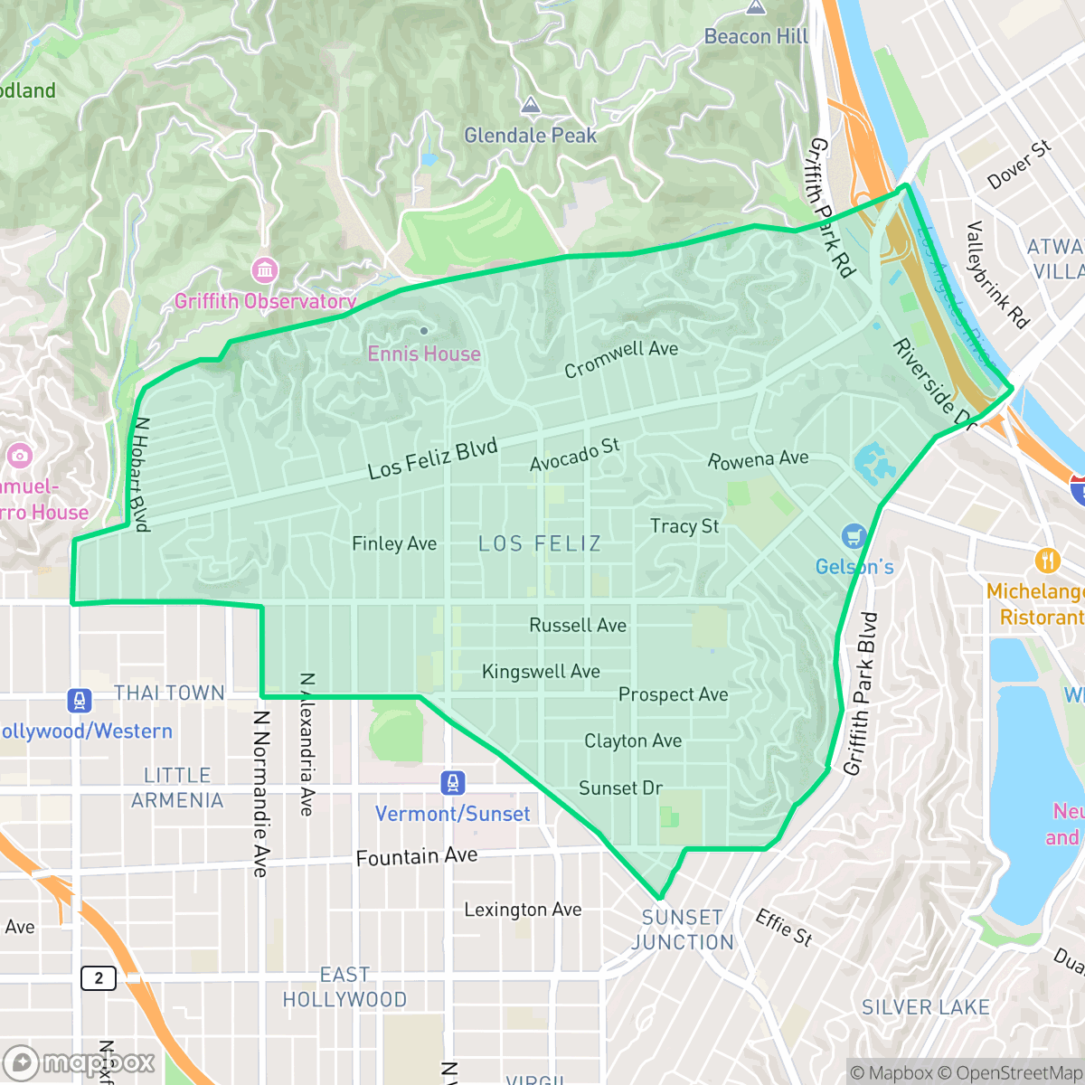 Map showing the location of Los Feliz, Los Angeles, CA