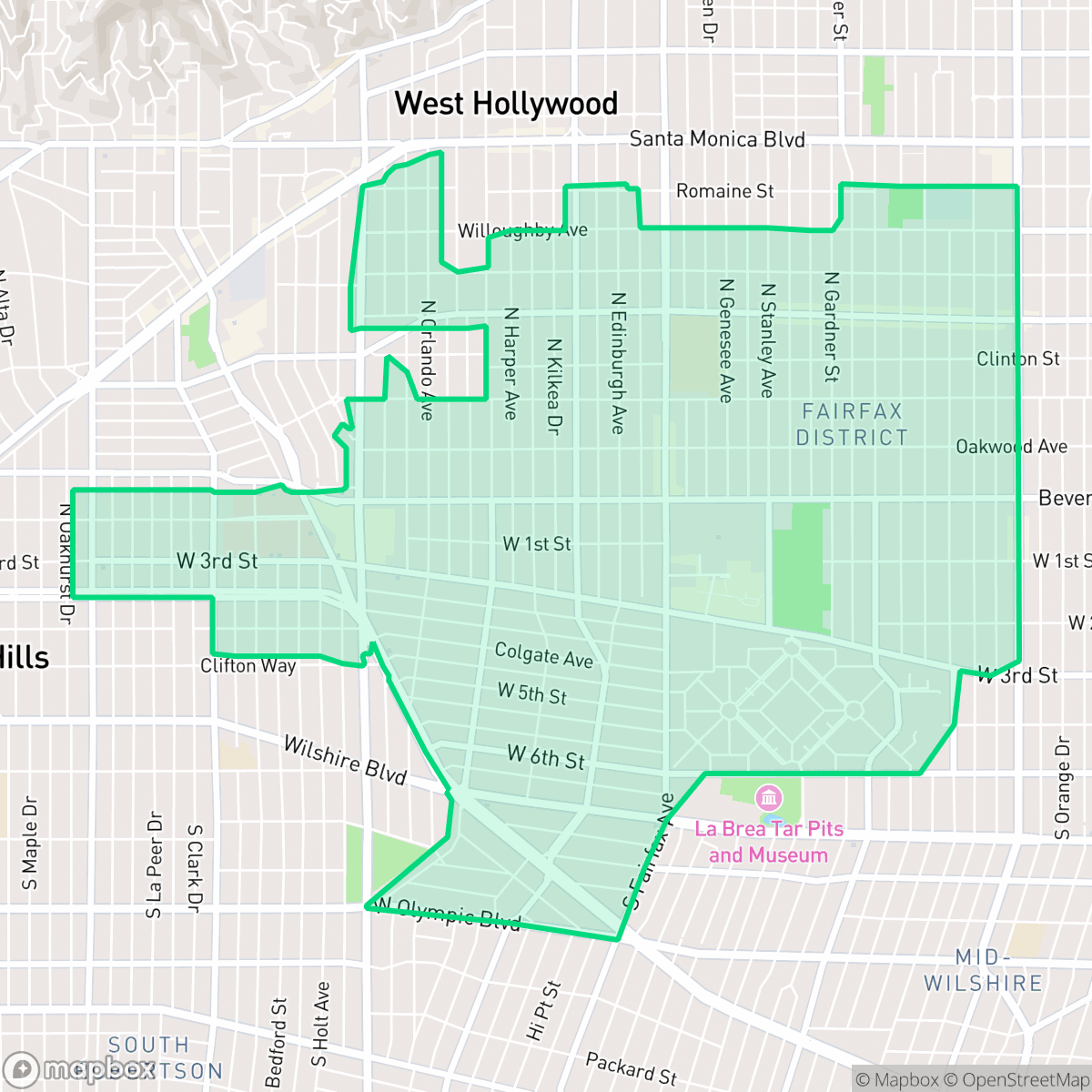 Map showing the location of Mid City West, Los Angeles, CA