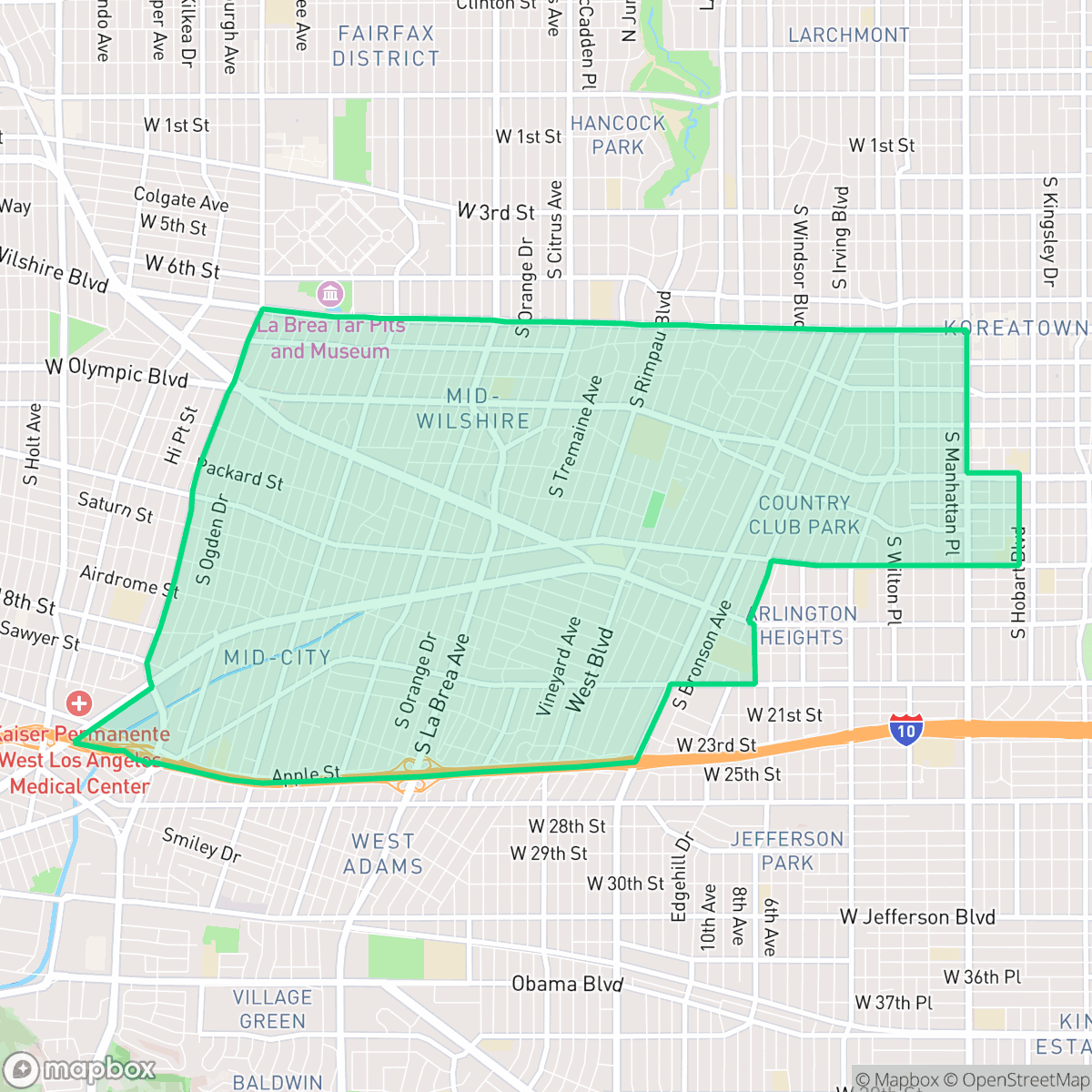 Map showing the location of Mid City, Los Angeles, CA