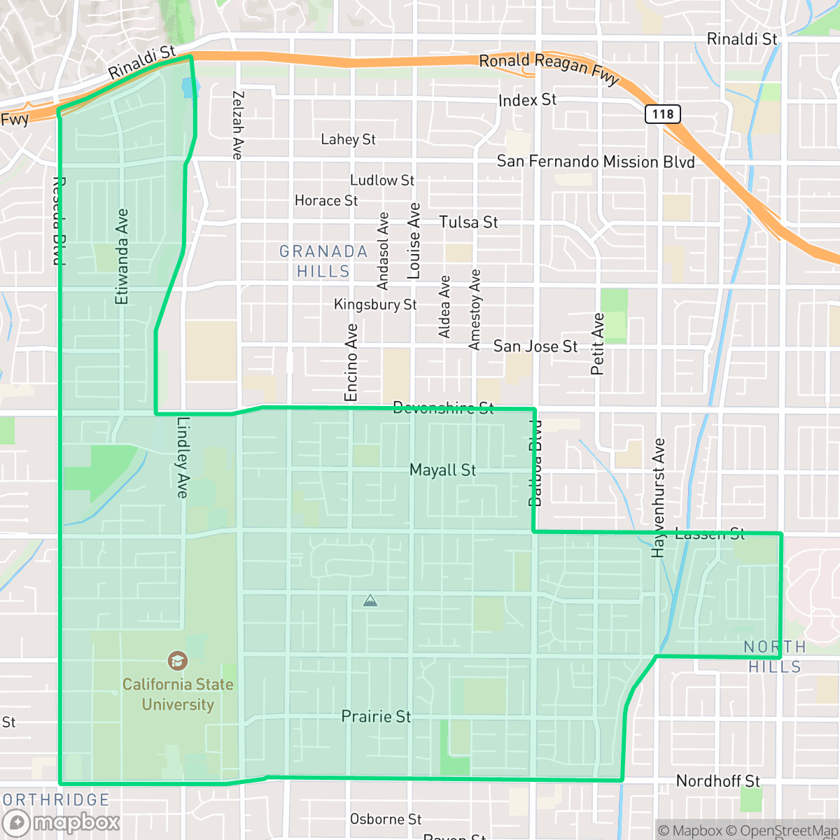 Map showing the location of Northridge East Neighborhood Council District, Los Angeles, CA