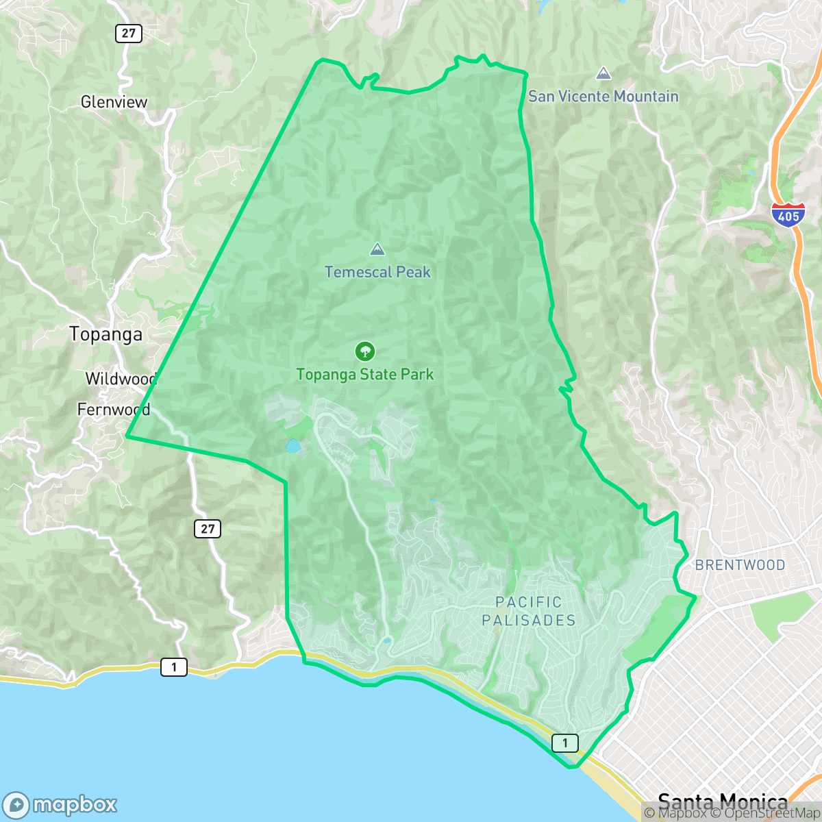 Map showing the location of Pacific Palisades, Los Angeles, CA