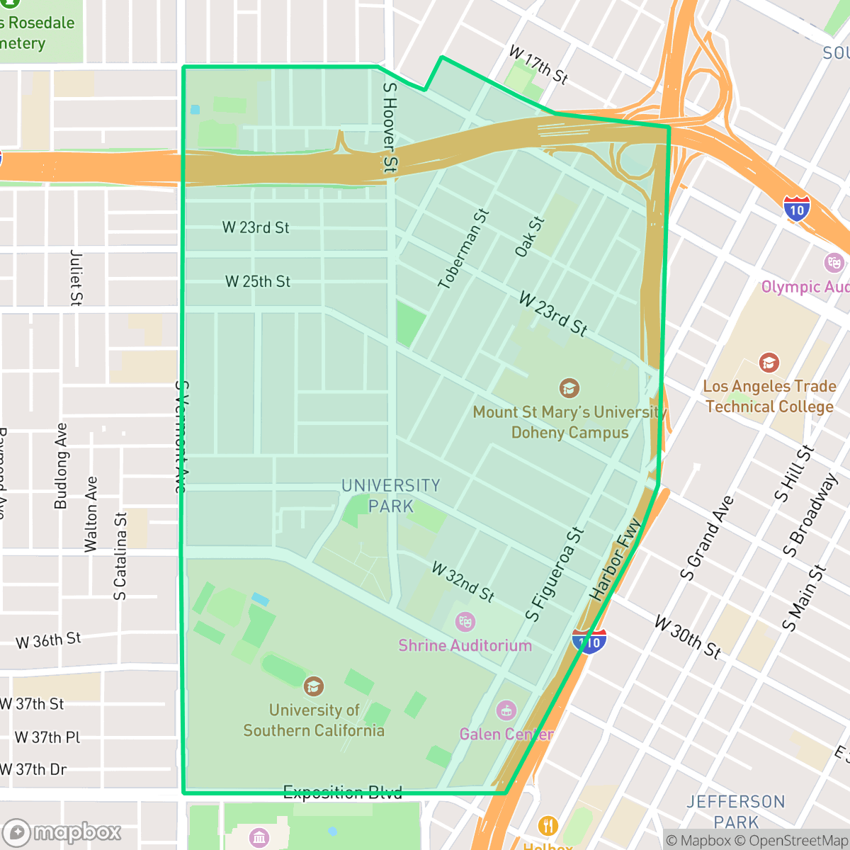 Map showing the location of University Park, Los Angeles, CA