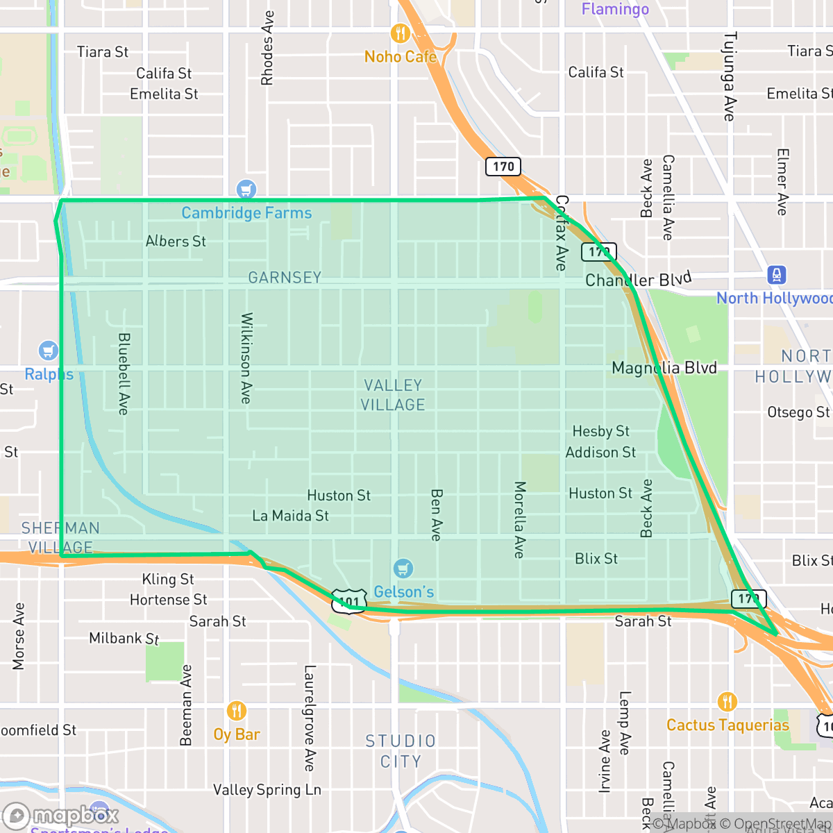 Map showing the location of Valley Village, Los Angeles, CA