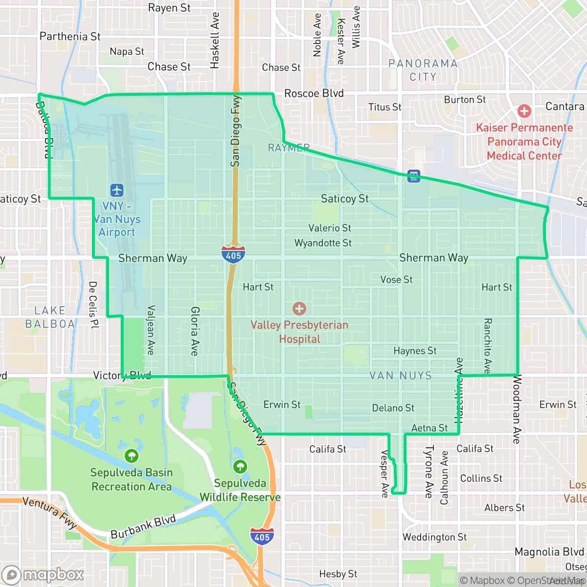 Map showing the location of Van Nuys, Los Angeles, CA